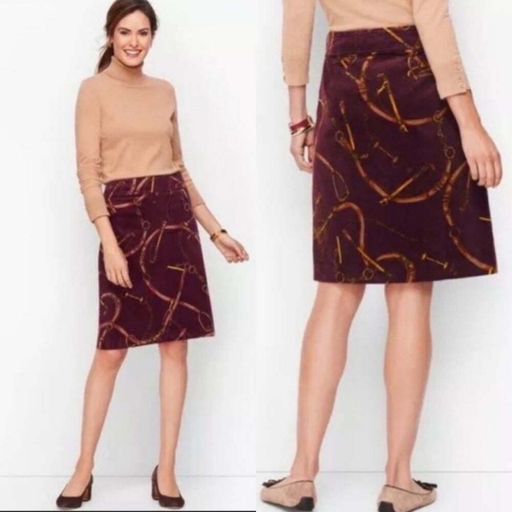 New Talbots Corduroy Knee Length Skirt Horsebit Equestrian Print Plum Size 2